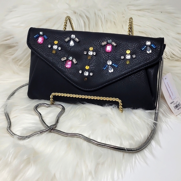 Candie’s ✦ Rhinestone Crossbody Clutch ✦ Black Faux Leather Silver Snake Chain - Picture 4 of 13